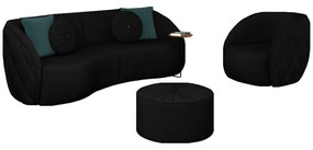 Conjunto Decorativo Sofá 288cm e Poltrona Clarke com Puff Round Veludo Preto G45 - Gran Belo