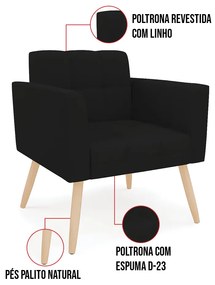 Kit 1 Sofá Namoradeira e 2 Poltronas Elisa Linho Pés Palito Natural D03 - D'Rossi - A79 Preto