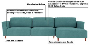 Sofá 310cm com Chaise Direita Franz Suede Turquesa - Gran Belo