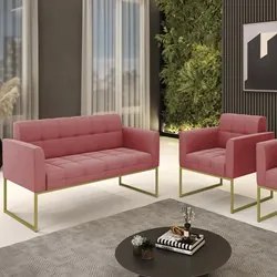 Sofá Namoradeira e 1 Poltrona Base Industrial Dourado Ana Suede Rosê -