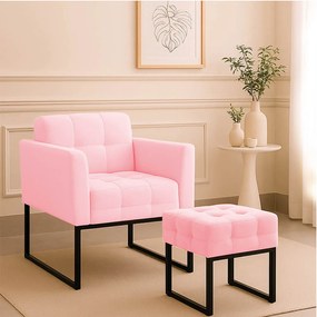 Poltrona Sala e Puff Decorativo Industrial Elisa Suede D03 - D'Rossi - Rosa Bebê
