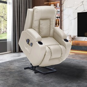 Poltrona do Papai Lift Sala de Estar Reclinável Austin Elétrica Aquecimento Massagem PU Bege G94 - Gran Belo