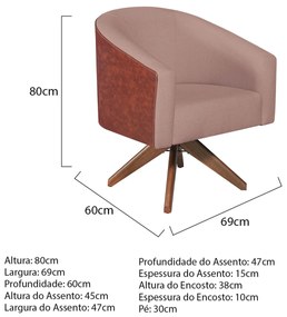 Poltrona Luiza Base Giratória de Madeira Corano Nozes e Linho Rosê - ADJ Decor