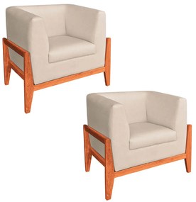 Kit 02 Poltronas Lucy Linho Base Madeira Castanho C05 - D'Rossi - Fino Bege A27