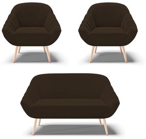 Kit 01 Namoradeira 02 Lugares e 02 Poltronas Giovana Suede Marrom Pés Palito Natural - D'Rossi
