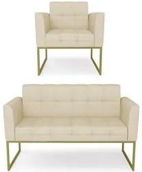 Sofá Namoradeira e 1 Poltrona Base Industrial Dourado Ana Veludo Luxo