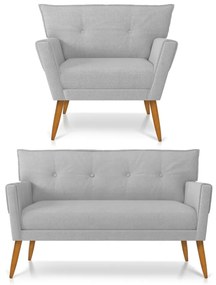 Kit 01 Namoradeira e 01 Poltrona Anitta Linho Pés Palito Castanho D03 - D'Rossi - A05 Cinza