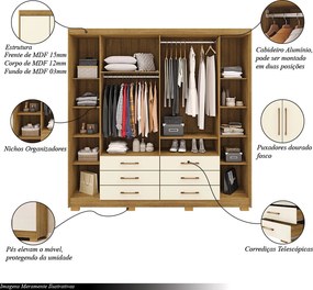 Guarda Roupa Dunas Casal 6 Portas de Bater 6 Gavetas MDF Nature/OffWhite G98 - Gran Belo