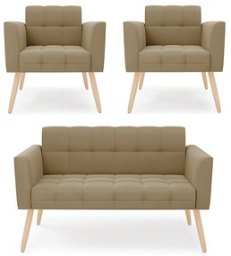 Kit 1 Sofá Namoradeira e 2 Poltronas Elisa Suede Pés Palito Natural - D'Rossi - Marrom Rato