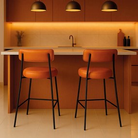 Banqueta de Cozinha Baixa com encosto Industrial em aço kit 2 Londres PU D03 - D'Rossi - Caramelo