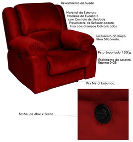 Poltrona do Papai Reclinável Elétrica Magnum Veludo Vermelho G23 - Gran Belo