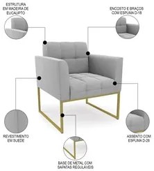 Poltrona Decorativa Base Industrial Dourado Ana Suede Cinza - Ibiza