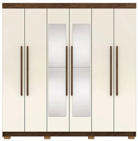 Guarda Roupa Casal Doral 6 Portas de Bater 2 com Espelhos 2 Gavetas Nogueira/OffWhite G98 - Gran Belo