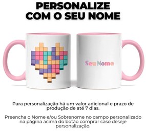 Caneca Coração Pixel Branca com Alça e interior Rosa