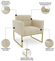 Sofá Namoradeira e 1 Poltrona Base Industrial Dourado Ana Suede Bege -