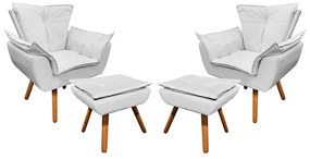 02 Poltronas e 02 Puffs Pé Palito de Madeira Opala Corino D03 - D'Rossi - Branco