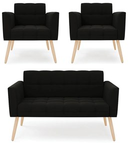 Kit 1 Sofá Namoradeira e 2 Poltronas Elisa Suede Preto Pés Palito Natural - D'Rossi