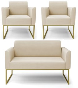 Sofá Namoradeira com 2 Poltronas Base Industrial Dourado Marisa Suede Bege D03 - D'Rossi