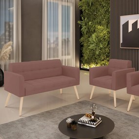 Kit 1 Sofá Namoradeira e 1 Poltrona Elisa Veludo Pés Palito Natural - D'Rossi - Rose