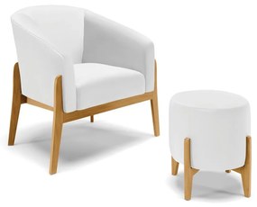 Poltrona com Puff Base de Madeira Stella Sintético Branco D03 - D'Rossi