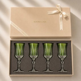 Kit 4 Taças de Cristal Flauta Lapidado 66 p/ Vinho Tinto c/ Caixa de Presente - Verde Claro  Verde Claro