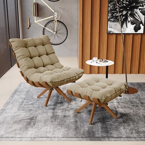 Poltrona com Puff Giratório Costela Suede Marrom Rato Base de Madeira MA30 M11 - D'Rossi