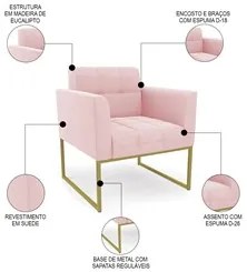 Sofá Namoradeira e 2 Poltronas Base Industrial Dourado Ana Suede Rosa