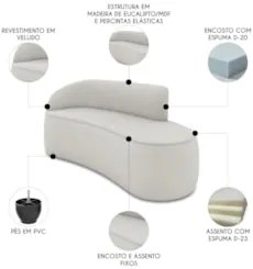 Sofá 3 Lugares Para Sala 180cm Orgânico Wendi Veludo Cinza I01  - Mpoz