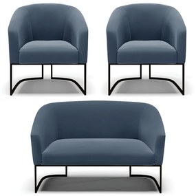 Namoradeira e 2 Poltronas Industrial Preto Stella Suede D03 - D'Rossi - Azul Marinho