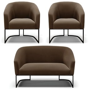 Namoradeira e 2 Poltronas Industrial Preto Stella Suede D03 - D'Rossi - Marrom