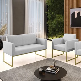 Sofá Namoradeira com Poltrona Base Industrial Dourado Marisa Linho Cinza A05 D03 - D'Rossi