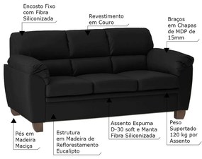 Sofá 3 Lugares Sala de Estar Pés em Madeira Nauru Couro Preto G43 - Gran Belo