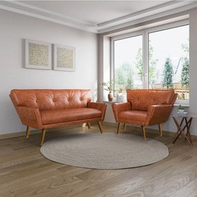 Sofá Namoradeira e Poltrona Pé de Madeira Anitta Sintético PU Nozes D03 - D'Rossi