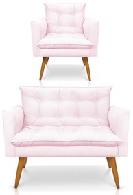 Kit 1 Sofá Namoradeira e 1 Poltrona Tais Suede Pés Palito Castanho - D'Rossi - Rosa Bebê