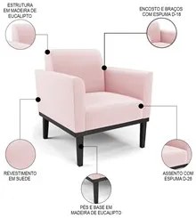 Sofá Namoradeira e 2 Poltronas Base Madeira Preto Maressa Suede Rosa B