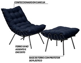 Conjunto Decorativo Poltrona e Puff Abel Base de Ferro Preto Veludo Azul G41 - Gran Belo