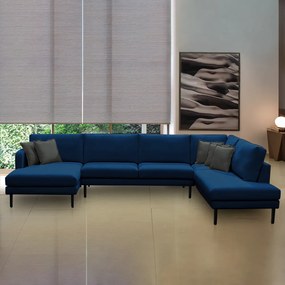 Sofá Decorativo Sala de Estar Osaka 430cm Modulado em U com Almofadas Pés em Madeira Linho Azul Marinho G89 - Gran Belo