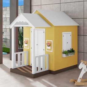 Casinha de Brinquedo MDF com Varanda c/Cerca Artesanal Branco/Amarelo L12 - Gran Belo