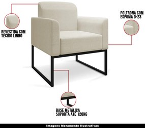 Poltrona Decorativa Isabella Base Industrial Linho Bege/Preto G19 - Gran Belo