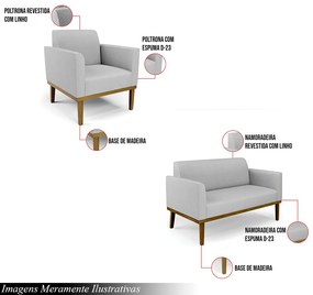 Conjunto 2 Poltronas e 1 Namoradeira Decorativa Isabella Pés Fixo em Madeira Castanho Linho Cinza G19 - Gran Belo
