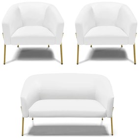Namoradeira e 2 Poltronas Pé de Ferro Dourado Stella Sintético D03 - D'Rossi - Branco