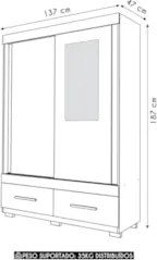 Guarda Roupa Solteiro 137cm 2 Portas Espelho Darius Branco C01 - Mpoze