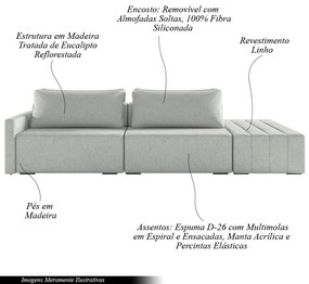 Sofá Ilha Modulado Puff Lateral Base Madeira Milos 252cm Linho Cinza Claro G33 - Gran Belo