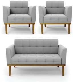 Namoradeira com 2 Poltronas Base de Madeira Castanho Elisa Suede D03 - D'Rossi - Cinza