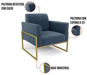 Poltrona Base Industrial Alta Dourado Marisa Suede D03 - D'Rossi - Azul Marinho