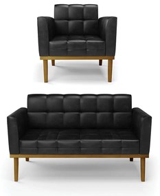 Conjunto Poltrona e Namoradeira Decorativas Karen Pés Fixo em Madeira Castanho PU Preto Brilho G19 - Gran Belo
