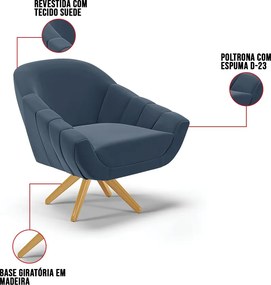 Poltrona Giratória Giovana Suede Base Madeira MA30 D03 - D'Rossi - Azul Marinho