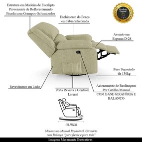 Poltrona do Papai Reclinável Sala de Cinema Madrid Glider Manual Giratória Linho Bege  G23 - Gran Belo