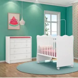 Berço Simples 130x60 e Cômoda 64cm Doce Sonho Branco - Qmovi