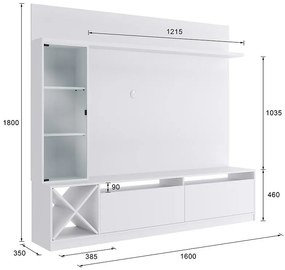 Painel Home Suspenso Sala Para Tv C/ Vidro E 7 Prateleiras - Branco
